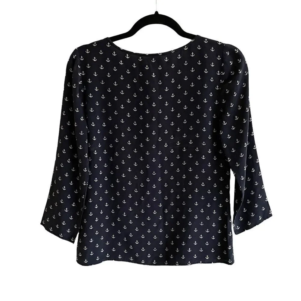 J. CREW Silk Popover Blouse Shirt With Anchor Nautical Print Navy Blue White 0